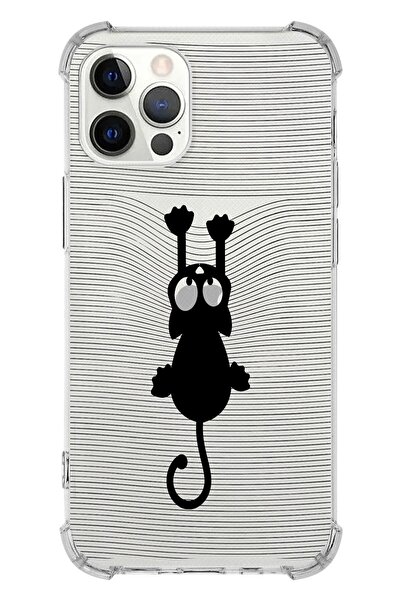 PrintiFy Iphone 12 Pro Uyumlu Köşe Korumalı Antişok Kapak Çizgi Kedi Tasarıml...