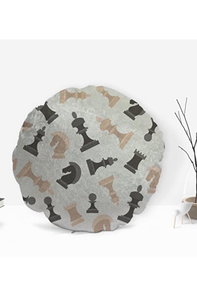 Bk Gift Gift Satranç Taşları Tasarımlı Yuvarlak Dekoratif Kırlent Yastık-1