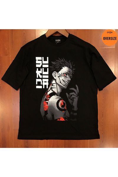 Orijin Tekstil Jujutsu Kaisen Sukuna Printed Oversize Black Tshirt