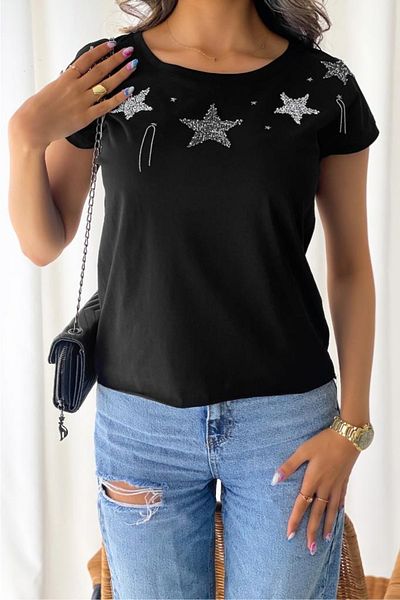 FEMELLE Tricou de damă cu model de stele cu ciucuri