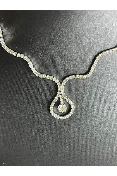 Gönülden Tasarım Zircon Stone Silver Color Necklace Earring Bridal Engagement Set Party Invitation Set