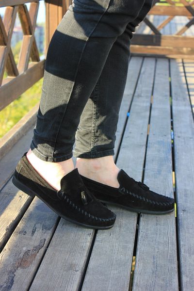 DOCKA Men's Genuine Leather Summer Black Suede Ballet Loafer Shoes