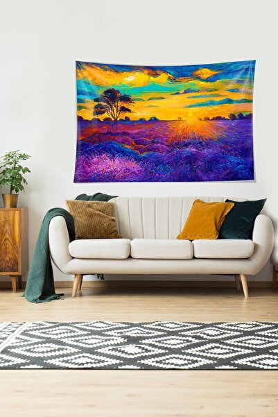 linazaitun Sunset in the Field Tree Landscape Stain Resistant Velvet Textured...