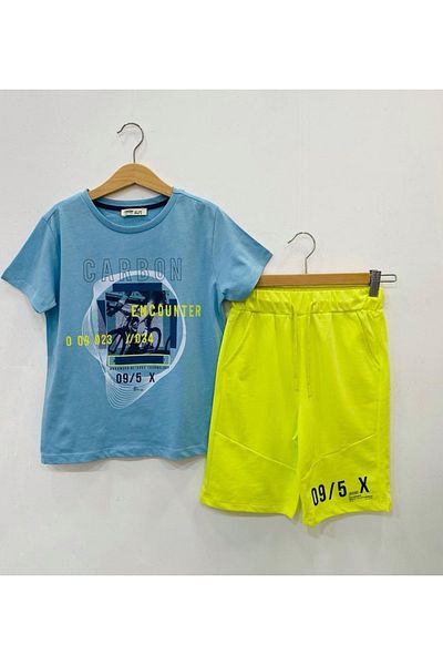 Çikoby Boy's Blue T-Shirt Neon Yellow Shorts Set