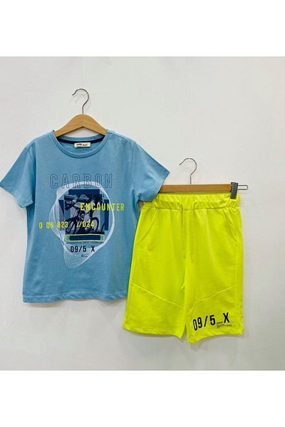Çikoby Boy's Blue T-Shirt Neon Yellow Shorts Set