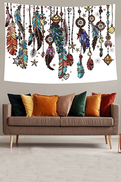linazaitun Dream Catcher Bohem Kuş Tüyü Leke Tutmaz Kadife Dokulu Kumaş Duvar...