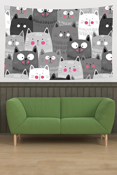 linazaitun Sevimli Kediler Kedi Desen Leke Tutmaz Kadife Dokulu Kumaş Duvar Ö...