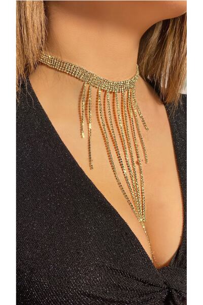 BB wikiki Kristal Taşlı Seyrek Saçaklı Choker Kolye Gold