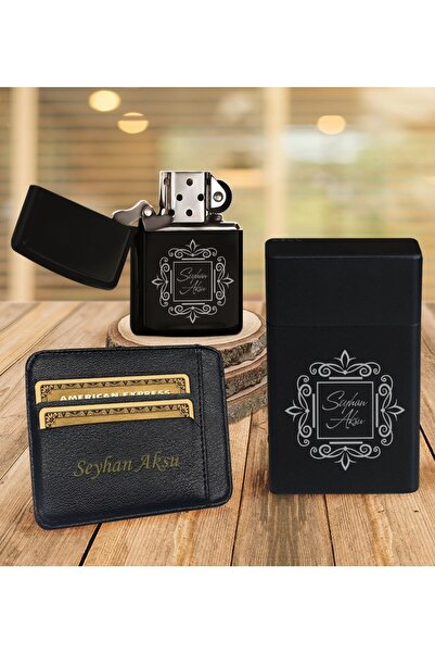 Bk Gift Kişiye Özel Isimli Kartlık Siyah Metal Sigara Tabakası Benzinli Çakma...