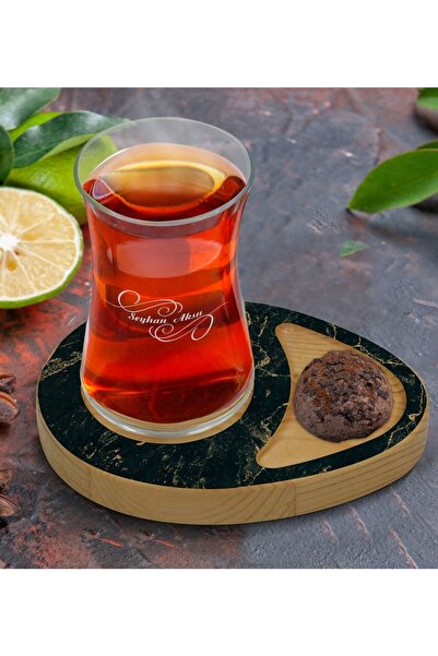 Bk Gift Kişiye Özel Mermer Tasarımlı Doğal Ahşap Tabaklı Heybeli Çay Bardağı ...