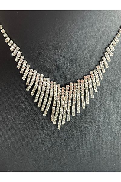 Gönülden Tasarım Zircon Stone Silver Color Necklace Earring Bridal Engagement Set Party Invitation Set