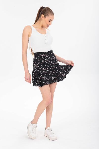 ONO STORE Siyah Çiçekli Şortlu Mini Etek