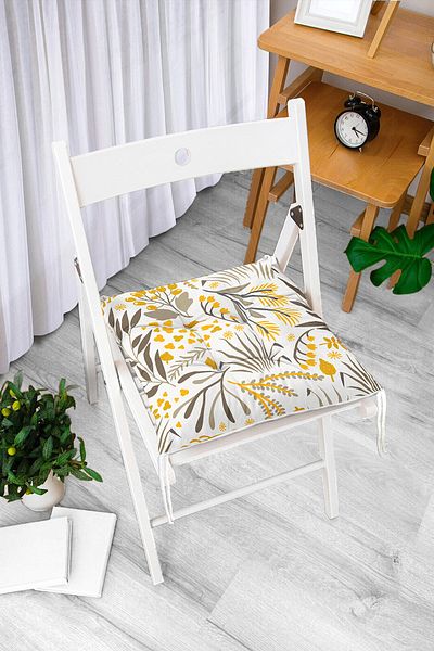Realhomes Yellow Detailed Flower Themed Digital Printed Modern Pouf Chair Cushion