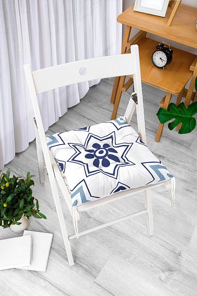 Realhomes Digital Printed Fluffy Chair Cushion with Blue Tile Drawing