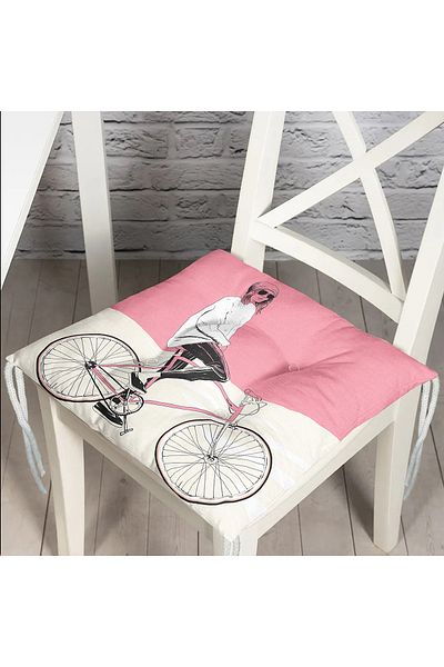 Realhomes Pink Cream Floor Bicycle Man Motif Fluffy Chair Cushion