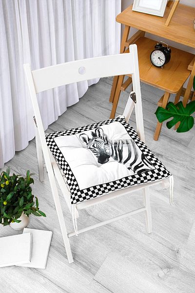 Realhomes Checkered Frame Motif Zebra Patterned Fluffy Chair Cushion