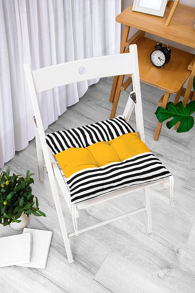 Realhomes Yellow Floor Black Striped Digital Printed Modern Pouf Chair Cushion