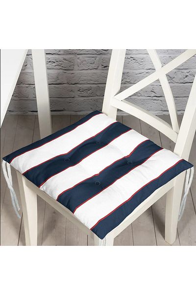 Realhomes Navy Blue White Striped Fluffy Chair Cushion with Red Detail