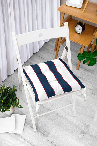 Realhomes Navy Blue White Striped Fluffy Chair Cushion with Red Detail