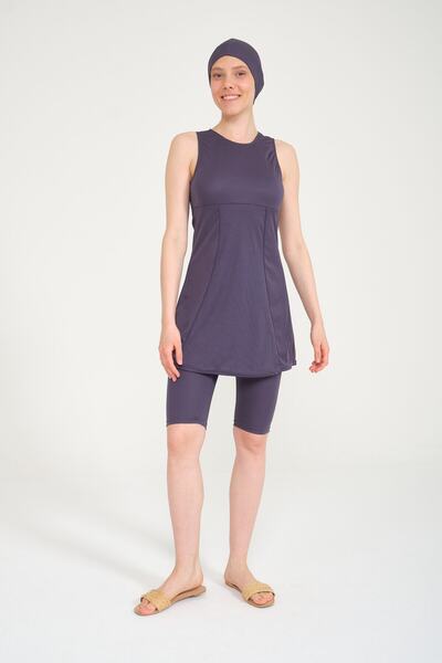 Swana Γυναικείο ανθρακί αμάνικο σετ μαγιό Hijab με καλσόν και μπονέ