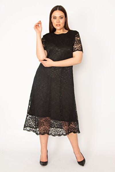 Şans Női nagyméretű fekete bélelt csipke estélyi ruha 65n32903