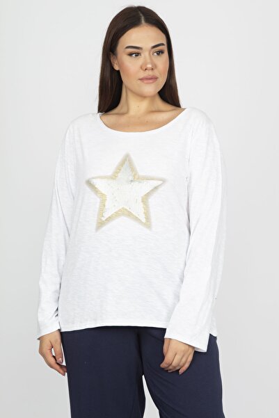 Şans Жіноча блуза великого розміру з бавовняної тканини з паєтками та принтом 65n32940