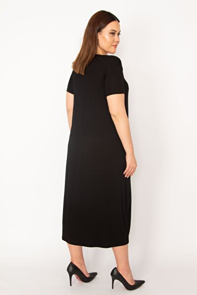 Şans Women's Plus Size Black Embroidery Detailed Pocket Viscose Dress 65n32909