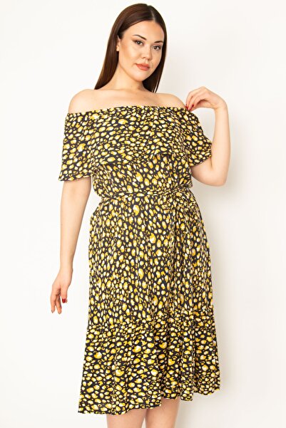 Şans Γυναικείο φόρεμα από υφαντό ύφασμα από βισκόζη, πολύχρωμο γιακά μεγάλου μεγέθους, ελαστικό και φούστα με λεπτομέρεια