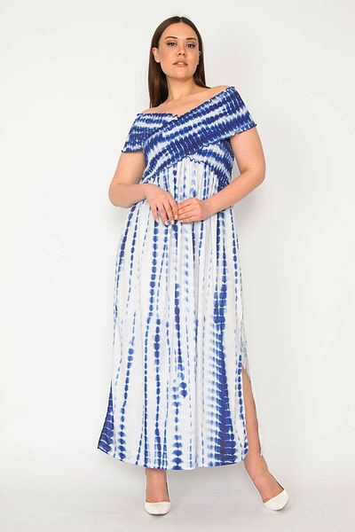 Şans Women's Plus Size Saxe Tie-Dye Pattern Chest Part Gipe Elastic Side Slit Dress 65n32911