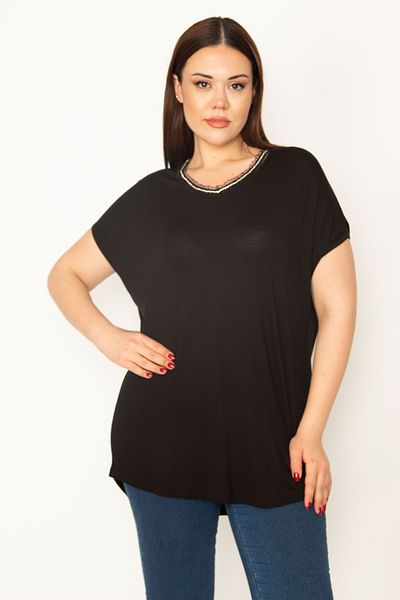 Şans Women's Large Size Black Collar Lace and Stone Detailed Viscose Blouse 65n32859