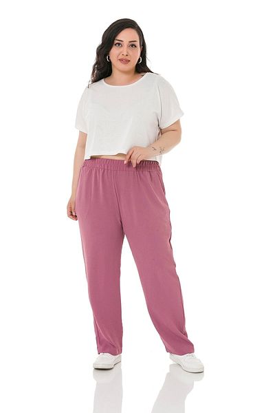 DISENTIS MODEST Large Size Linen Aerobin Dried Rose Trousers with Elastic Waist Pockets