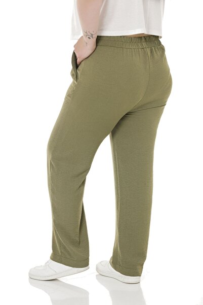 DISENTIS MODEST Large Size Linen Aerobin Khaki Trousers with Elastic Waist Pockets