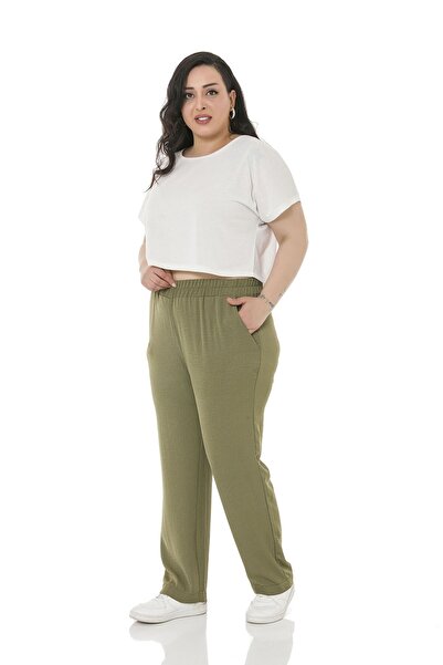 DISENTIS MODEST Large Size Linen Aerobin Khaki Trousers with Elastic Waist Pockets
