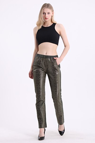 Leather Club Haki Baskılı Spor Fit Deri Pantolon