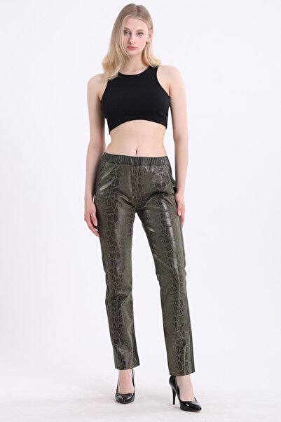 Leather Club Haki Baskılı Spor Fit Deri Pantolon