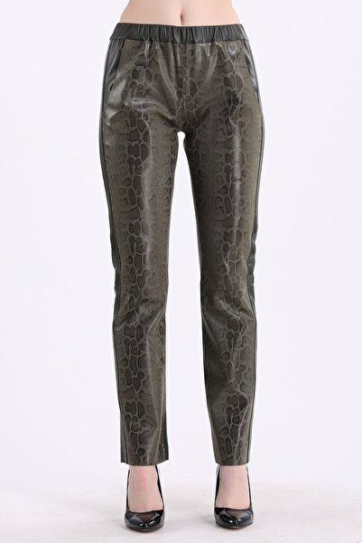 Leather Club Haki Baskılı Spor Fit Deri Pantolon