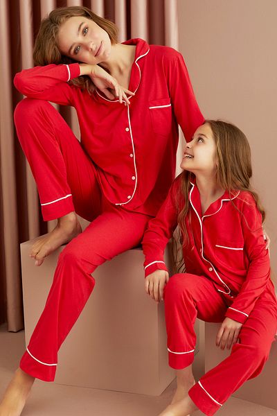 Siyah İnci Red-white Cotton Buttoned Pocket Pijama Long Sleeve Pajama Set