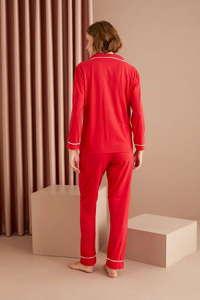Siyah İnci Red-white Cotton Buttoned Pocket Pijama Long Sleeve Pajama Set
