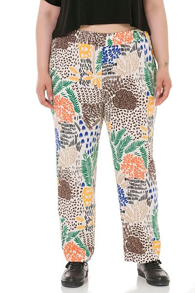 DISENTIS MODEST Large Size Patterned Woven Viscose White Trousers with Elastic Waist Pockets