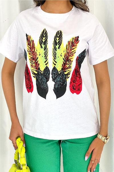FEMELLE Tricou de damă, brodat cu paiete cu pene, sezonul nou
