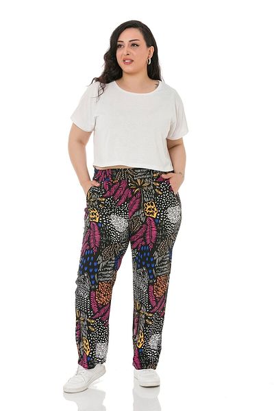 DISENTIS MODEST Large Size Patterned Woven Viscose Black Trousers with Elastic Waist Pockets
