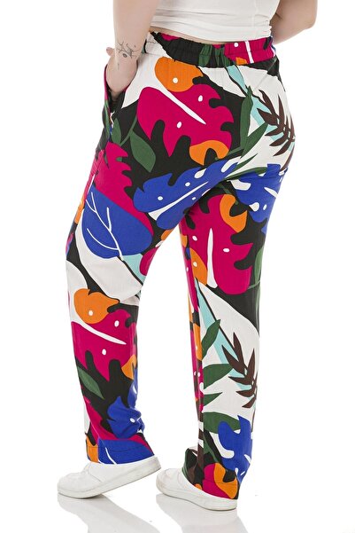 DISENTIS MODEST Large Size Patterned Woven Viscose Multi-Colored Trousers with Elastic Waist Pockets
