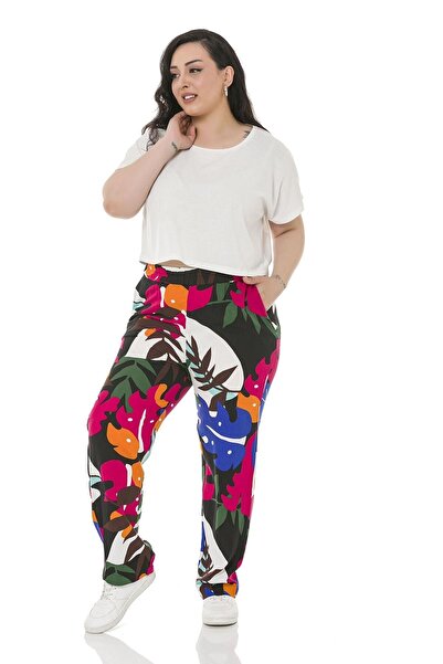 DISENTIS MODEST Large Size Patterned Woven Viscose Multi-Colored Trousers with Elastic Waist Pockets