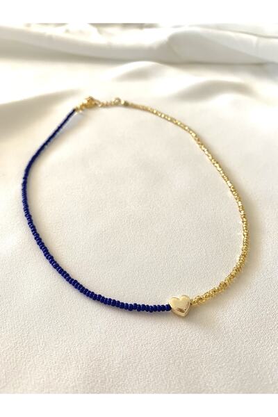 Atelier Çağla Dark Blue Gold Bead Necklace with Heart