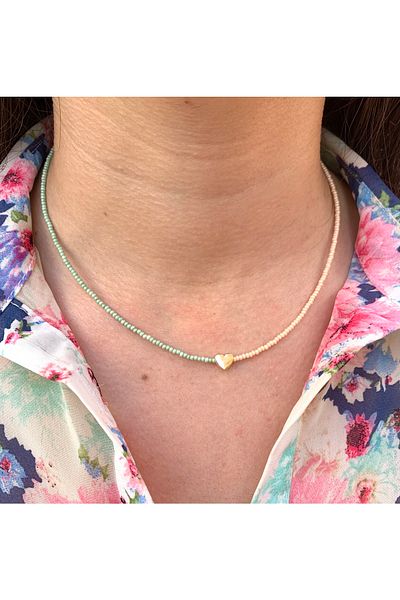 Atelier Çağla Hearted Green Cream Colored Bead Necklace