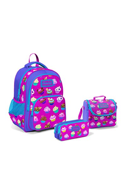 Coral High Kids Blue Pink Three Compartment School Backpack Set of 3 23495Set02