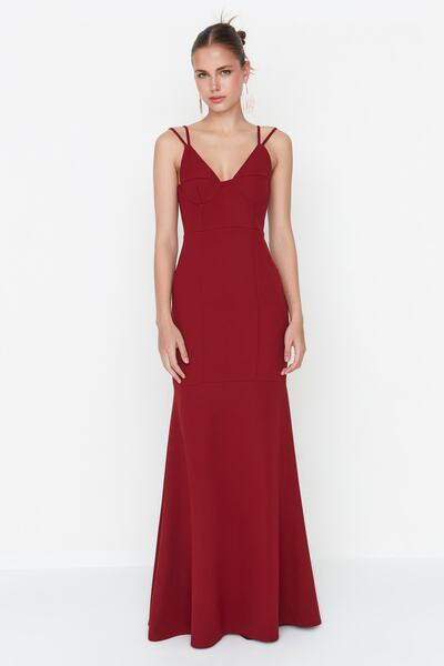 Trendyol Collection Burgundy Collar Detailed Long Evening Dress TPRSS22AE0126