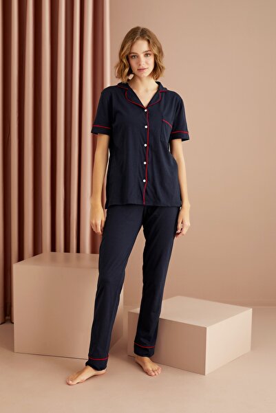 Siyah İnci Navy Blue Red Cotton Buttoned Pocketed Short Sleeve Pajama Set