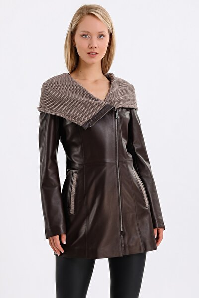 Leather Club Kahve Kapüşonlu Deri Ceket