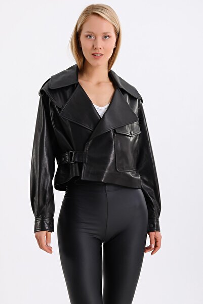 Leather Club Siyah Crop Deri Ceket